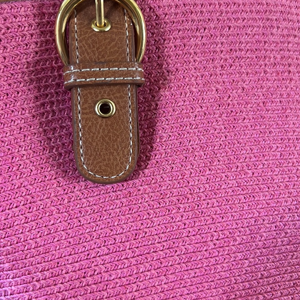 Pink Woven Straw Crossbody Bag Brown Trim Cotton Paper Tote - Picture 4 of 17